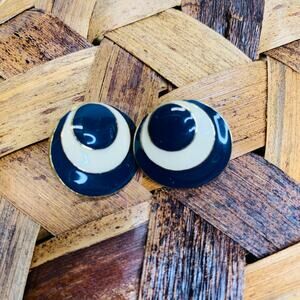 Vintage Blue Cream Enamel Earrings Circle Swirl 7/8"